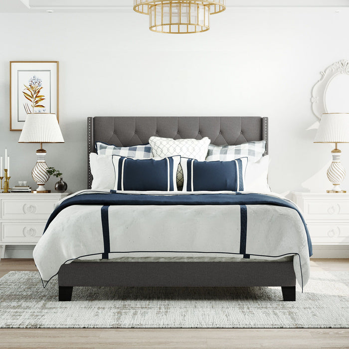 Queen Size Upholstered Platform Bed With Classic Headboard, No Box Spring Needed - Gray