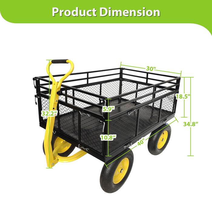 Steel Garden Cart, Heavy Duty 1400 Lbs Capacity, With Removable Mesh Sides To Convert Into Flatbed, Utility Metal Wagon With 2-In-1 Handle And 16 In Tires, Perfect For Garden, Farm, Yard - Black