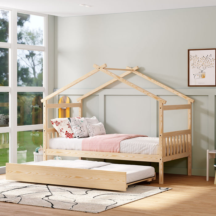 Twin Size Wooden House Bed With Twin Size Trundle - Natural