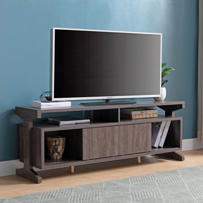 TV Center Console With Sliding Doors, Storage And Display Shelves - Brown Walnut