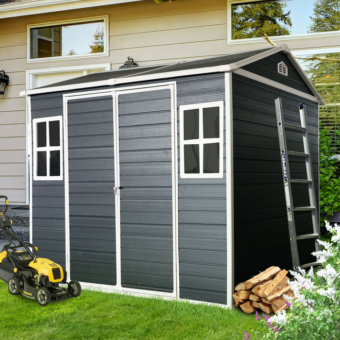 Resin Outdoor Storage Shed Waterproof Shed With Floor & Two Windows & Lockable Door, Tool Shed For Garden, Patio, Backyard