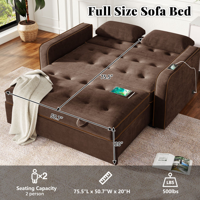 Upholstered Sleeper Bed, Pull Out Sofa Bed Couch Attached Two Throw Pillows, Dual USB Charging Port And Adjustable Backrest For Living Room Space - Brown