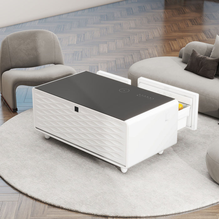 Modern Smart Coffee Table With Built-In Fridge, Bluetooth Speaker, Wireless Charging, Touch Control Panel, USB Ports, Outlet Protection, Atmosphere Light - White