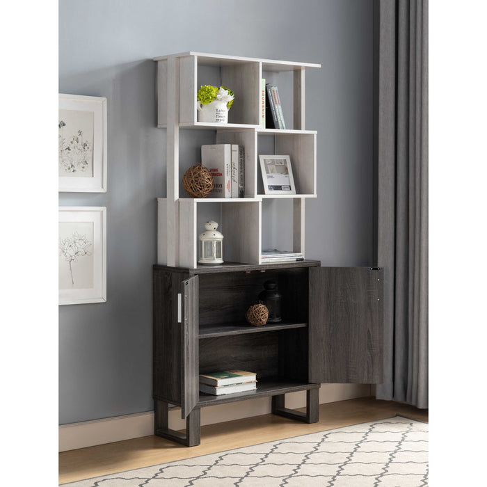 Multi Level Display Cabinet, Two Door Storage Cabinet With Shelving - White Oak / Distressed Gray