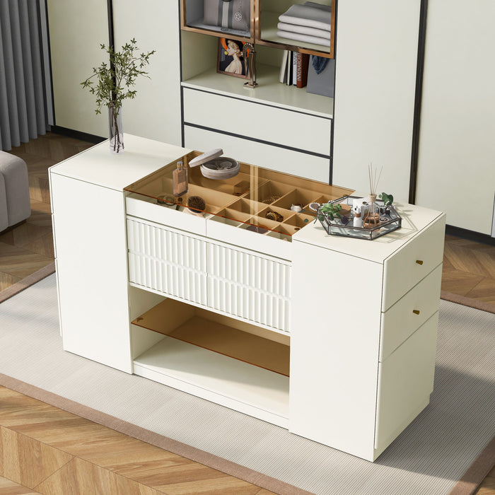 Modern Luxury Multi-Functional Island Vanity Dresser And Storage Cabinet With Glass Tabletop, Display Shelf, 6 Drawers For Walk In Wardrobe And Bedroom - Cream White