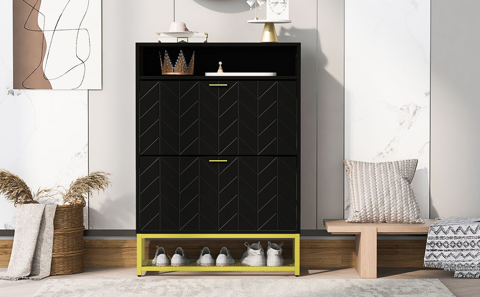 Shoe Cabinet With 2 Flip Drawers, And 2 Shelves, Modern Free Standing Shoe Rack For Heels, Boots, Slippers, Shoe Storage Cabinet For Entryway, Hallway, Living Room