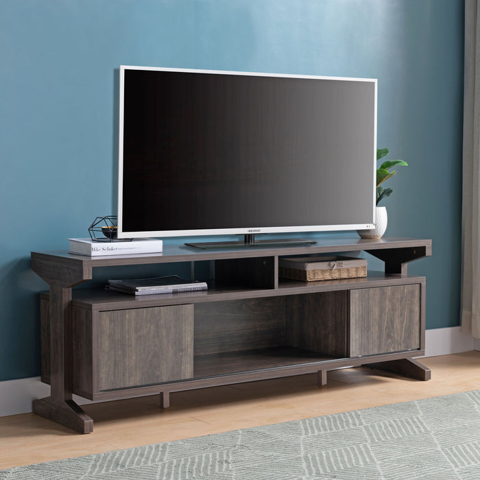 TV Stand With Sliding Doors And Five Shelves Spacious Storage For Media Consoles And Accessories, Sleek And Modern Design - Walnut Brown