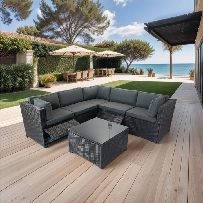 6 Pieces PE Rattan Sectional Outdoor Furniture Cushioned Sofa Set Wicker