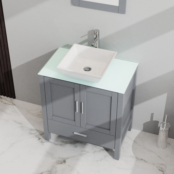 Bathroom Vanity And Sink Combo Glass Top Cabinet With Mirror - Gray