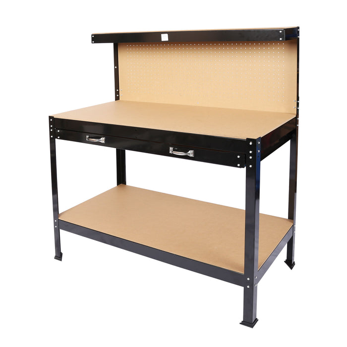 Steel Workbench Tool Storage Work Bench Workshop Tools Table With Drawer And Peg Board - Black / Light Brown