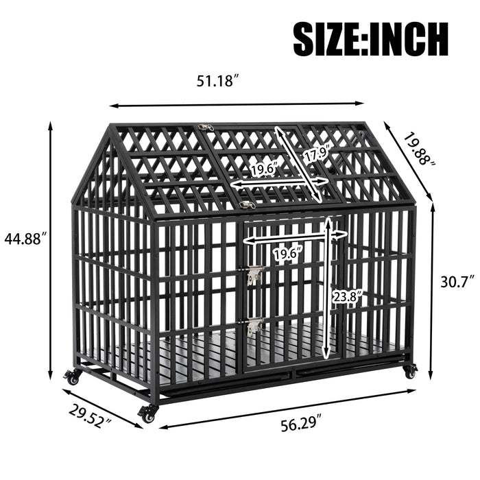 Heavy Duty Dog Crate Large Dog Cage Strong Metal Dog Kennels And Crates For Large Dogs With 4 Lockable Wheels - Black