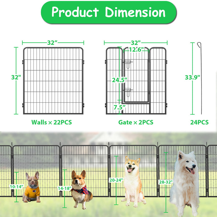 Dog Pens Outdoo Height Foldable 24 Panels Heavy Duty Metal Portable Dog Playpen Indoor Anti Rust Exercise Dog Fence With Doors For Pets Play Pen For RV Camping Yard - Black