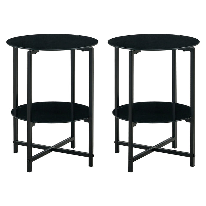 Tempered Glass End Table (Set of 2) , Round Coffee Table For Bedroom Living Room Office - Black