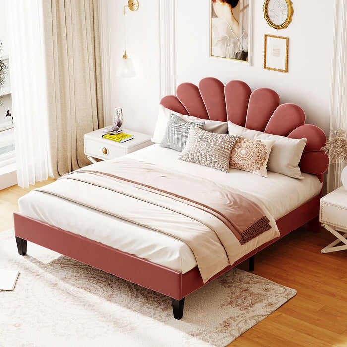 Queen Size Upholstered Platform Bed With Flower Pattern Velvet Headboard - Bean Paste Red