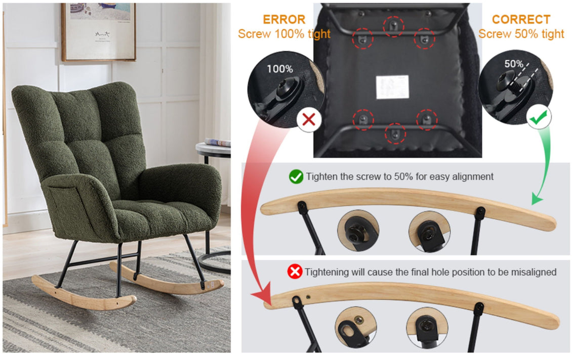 30.3" Rocking Chair With Pocket, Soft Teddy Fabric Rocking Chair For Nursery, Comfy Wingback Glider Rocker With Safe Solid Wood Base For Living Room Bedroom Balcony - Dark Green