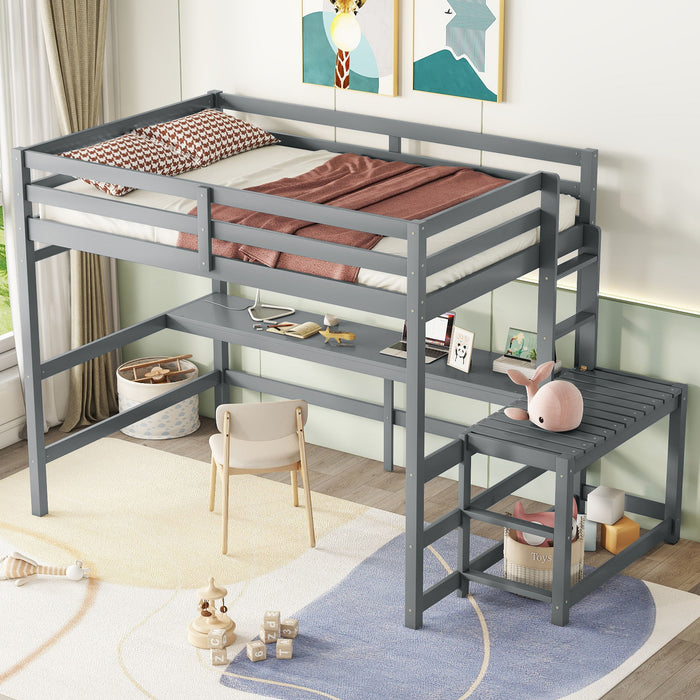 Full Loft Bed With Built-In Desk, Ladder Platform, Ladders, Guardrails - Gray