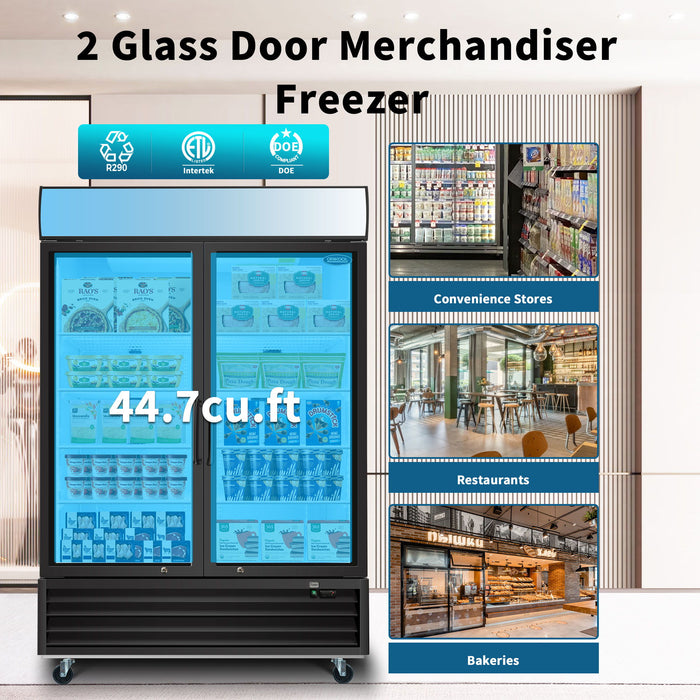 Glass Door Merchandiser Freezer 44.7 Cu.Ft Swing Door Commercial Reach-In Display Freezers With LED Top Panel Upright Freeze Storage - Black