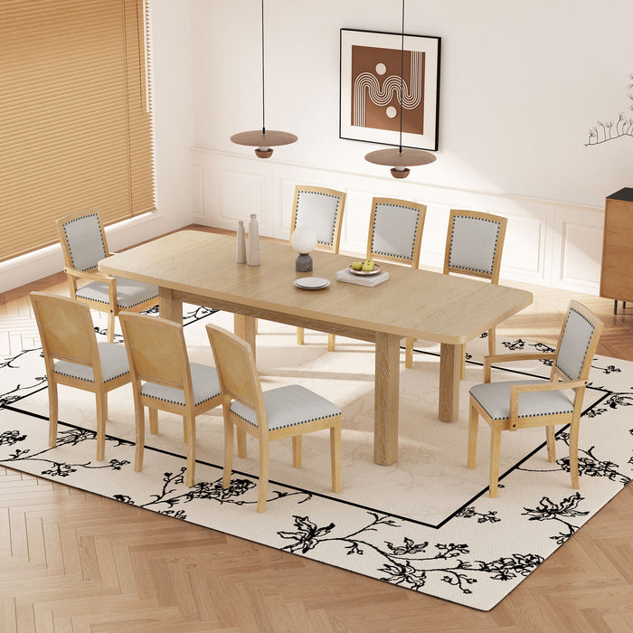 Topmax - Rustic Extendable Dining Table Set With Removable Leaf, 6 Upholstered Armless Dining Chairs And 2 Padded Arm Chairs, 9 Pieces