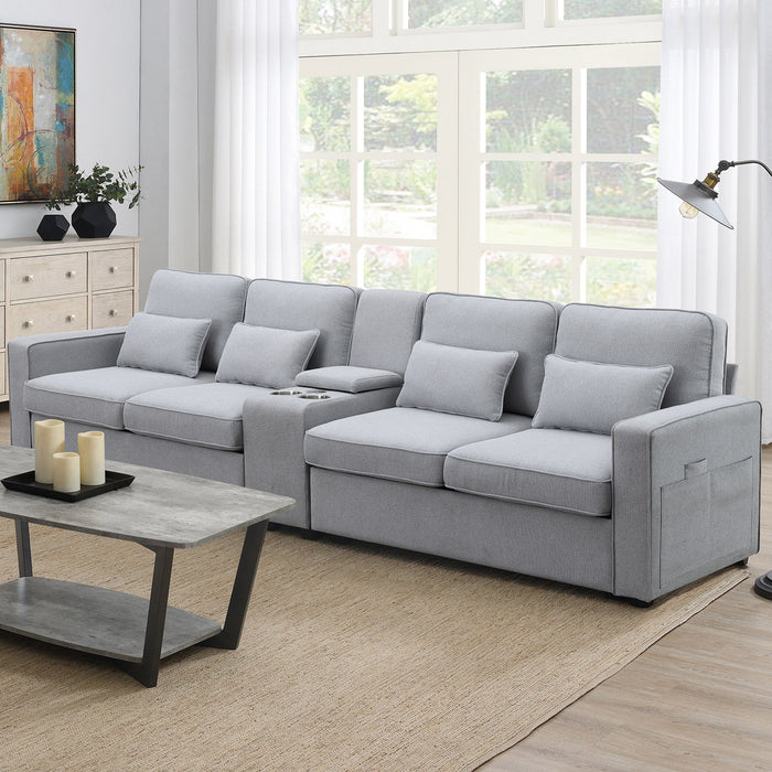 Upholstered Sofa With Console, 2 Cupholders And 2 USB Ports Wired Or Wirelessly Charged, Modern Linen Fabric Couches With 4 Pillows For Living Room, Apartment (4-Seat)