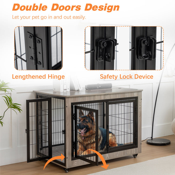 Dog Crate Furniture, Large Dog Kennel, Wooden Pet Furniture With Pull Out Tray, Home & Indoor Use, Double Door Modern Side End Table For Dog