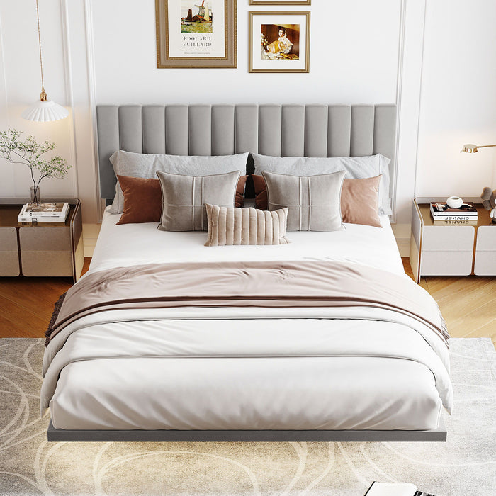 Queen Size Upholstered Bed With Sensor Light And Headboard, Floating Velvet Platform Bed - Gray