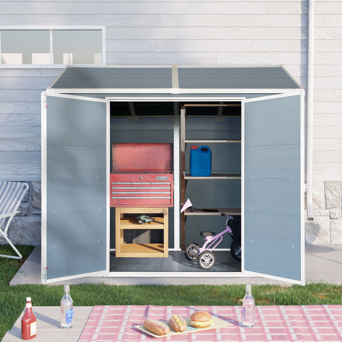 Resin Outdoor Storage Shed With Two - Window And Double - Door, Plastic Shed With Floor For Gargen, Patio, Yard, Lawn