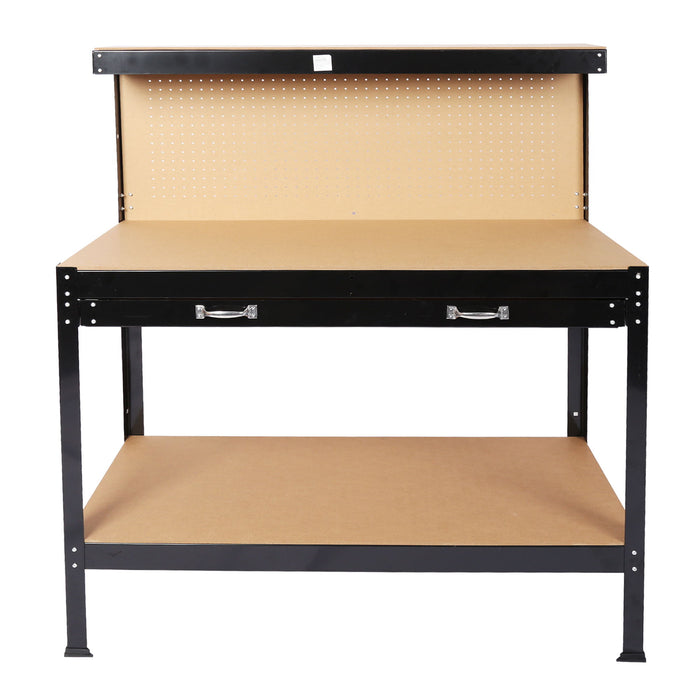 Steel Workbench Tool Storage Work Bench Workshop Tools Table With Drawer And Peg Board - Black / Light Brown