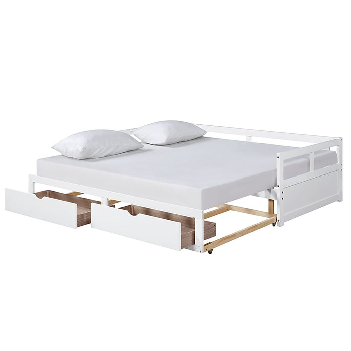 Wooden Daybed With Trundle Bed And Two Storage Drawers, Extendable Bed Daybed, Sofa Bed For Bedroom Living Room - White