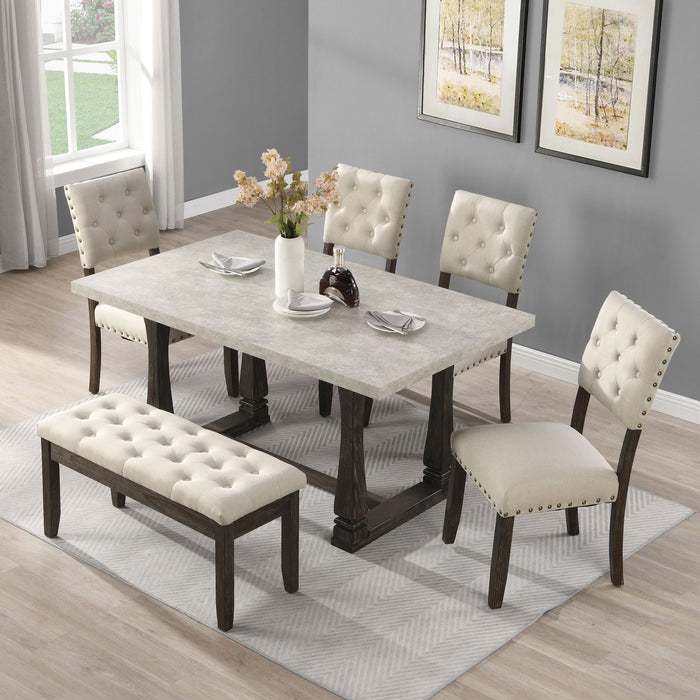 6 Person Dining Table Set, Kitchen Table Set For 6 People, 4 Chairs With Backrest, 2 Person Tufted Seat Bench - Gray