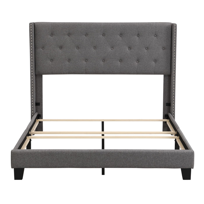 Queen Size Upholstered Platform Bed With Classic Headboard, No Box Spring Needed - Gray