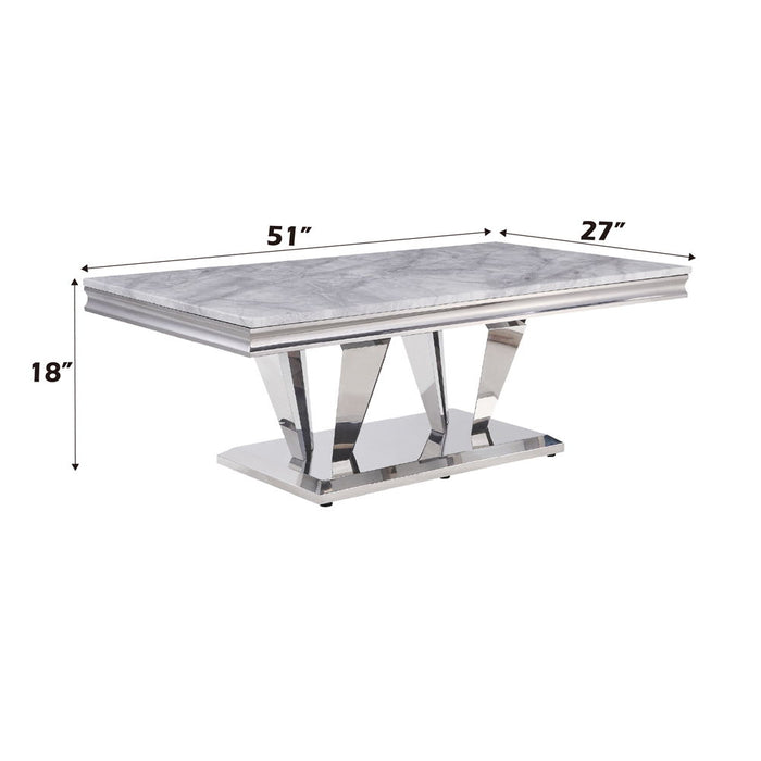 Satinka - Coffee Table - Light Gray Printed Faux Marble & Mirrored Silver Finish