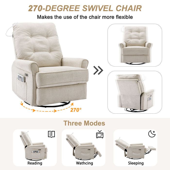 Reclining Chair 270 Degree Swivel Recliner Chairs With USB Port, Side Pocket And Touch Sensitive Lamp For Living Room, Bedroom - Cream