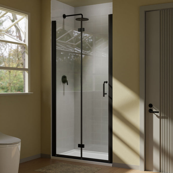 Pivot Bifold Shower Door, Frameless Folding Glass Shower Door With 1 / 4 In Thick Clear SGCC Tempered Glass, Matte Finish Shower Doors, InstalLED Left Or Right - Black