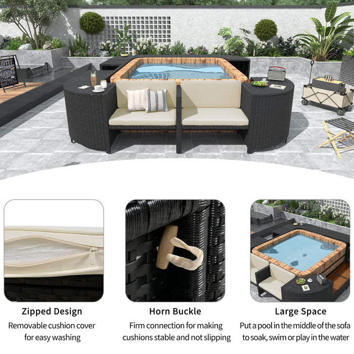 Spa Surround Spa Frame Quadrilateral Outdoor Rattan Sectional Sofa Set With Mini Sofa, Wooden Seats And Storage Spaces