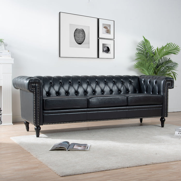 Traditional Square Arm Removable Cushion 3 Seater Sofa - Black