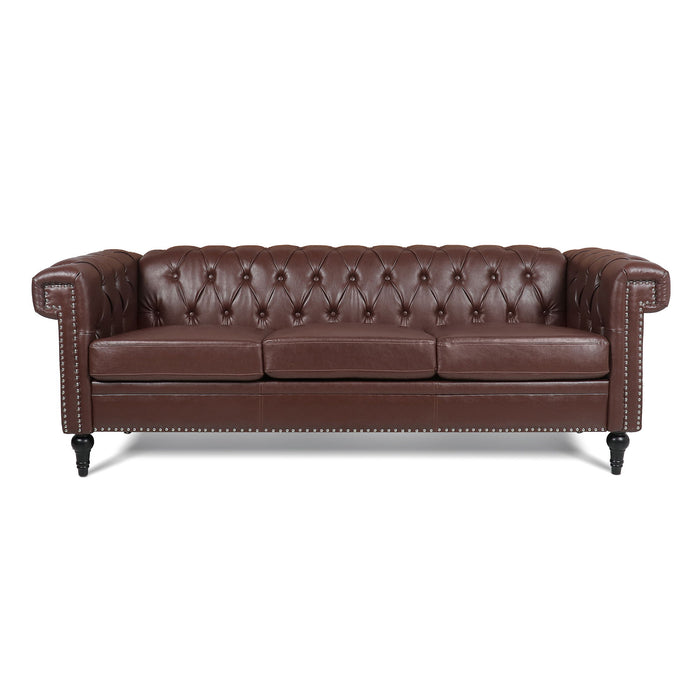 83.66" Width Traditional Square Arm Removable Cushion 3 Seater Sofa - Dark Brown