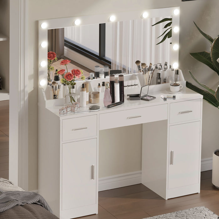 Vanity Desk With Large Mirror, 3 Colour Lighting Modes, Adjustable Brightness, Dresser With 3 Drawers & 2 Vertical Cabinets, Makeup Vanity Table For Women & Girls