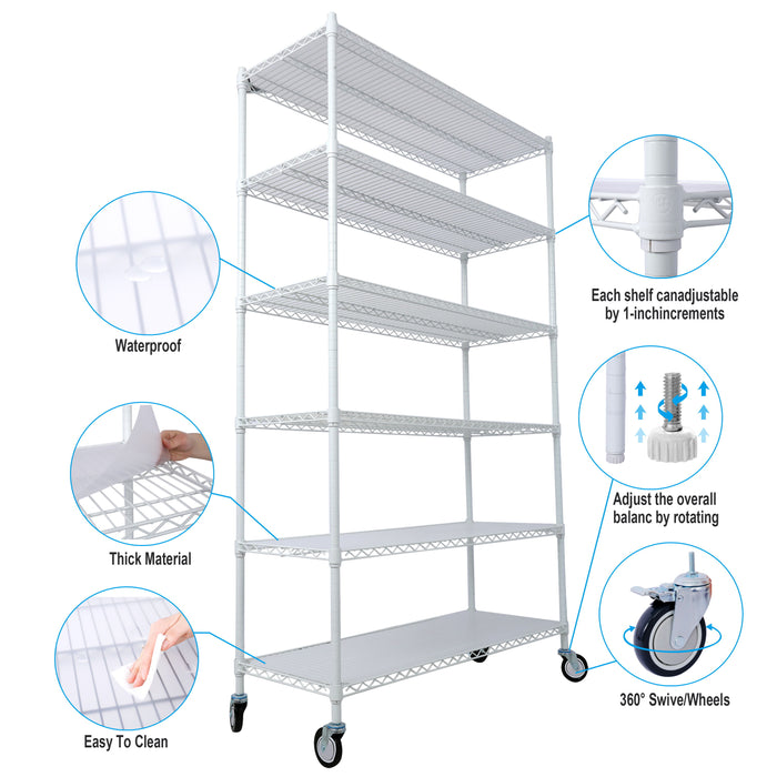 20" 6 Tier 6000Lbs Capacity Nsf Metal Shelf Wire Shelving Unit, Heavy Duty Adjustable Storage Rack With Wheels & Shelf Liners For Commercial Grade Utility Steel Storage Rack - White