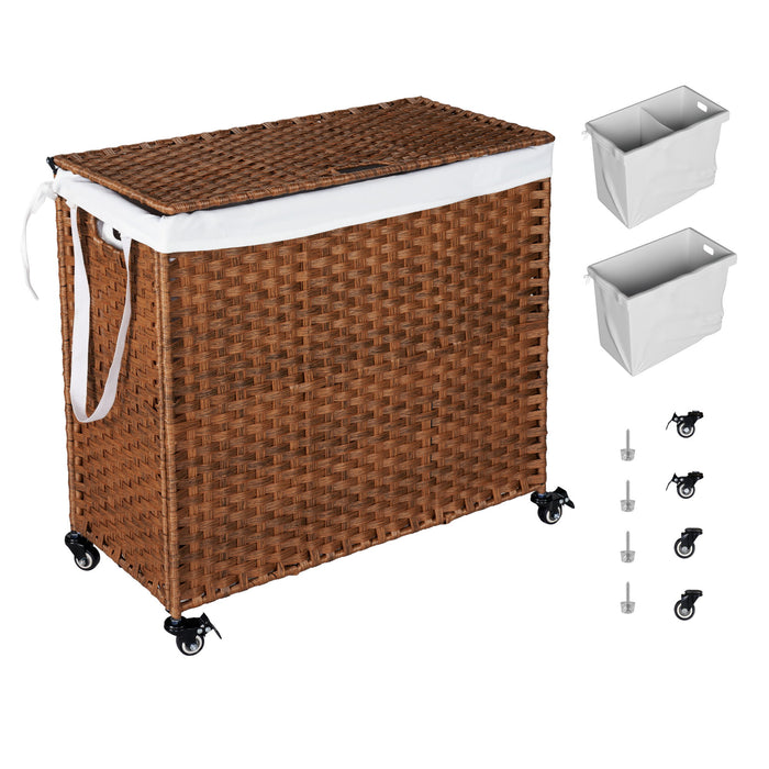 Laundry Hamper With Lid PE Rattan Powder Coating Frame Clothes Hampers With 2 Removable Bags