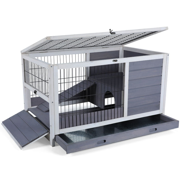 Wooden Rabbit Hutch Indoor Bunny House For Small Animals With Put Out Tray - Gray