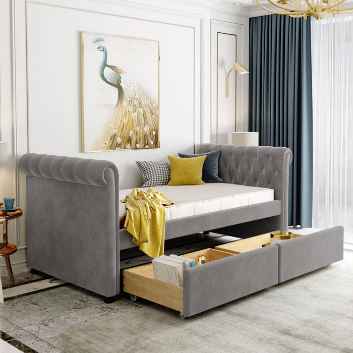 Twin Size Upholstered Daybed With Drawers, Wood Slat Support - Gray