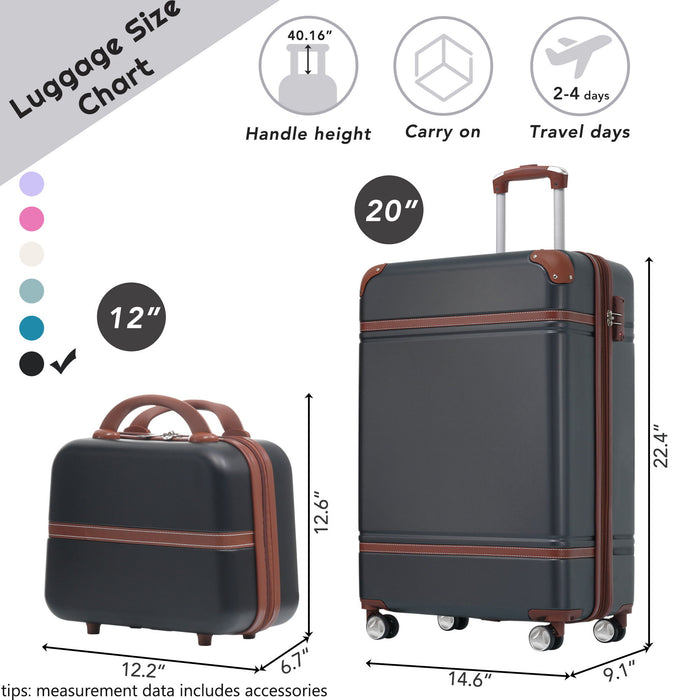 20" Hardside Luggage With Cosmetic Case, 2 Piece Lightweight Suitcase Set With Spinner Wheels, Carry On Vintage Luggage