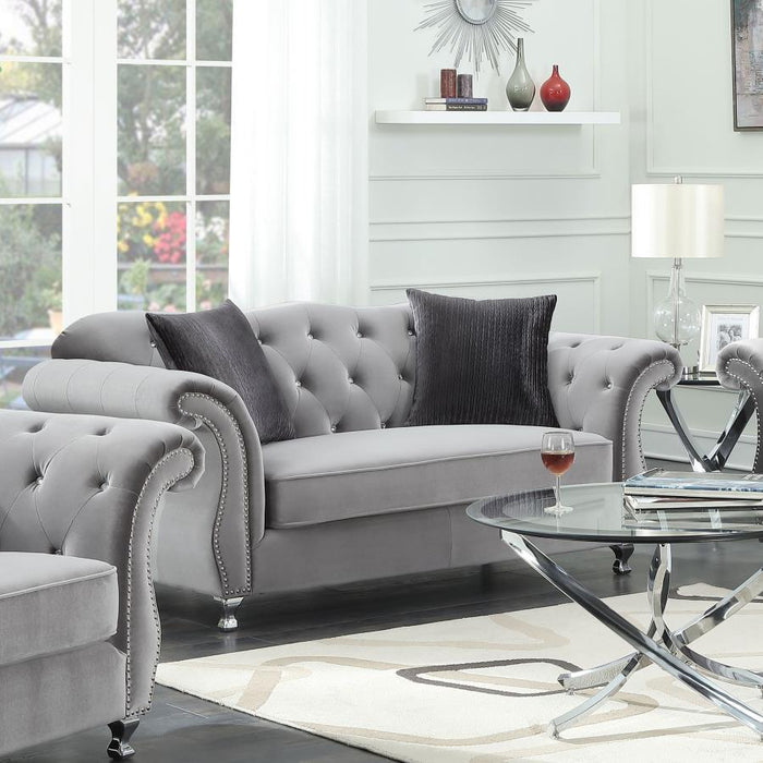 Frostine - Upholstered Rolled Arm Tufted Loveseat - Silver