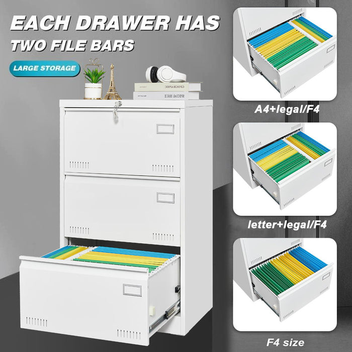 Filing Cabinet Lateral File Cabinet With Lock, 3 Drawer - White