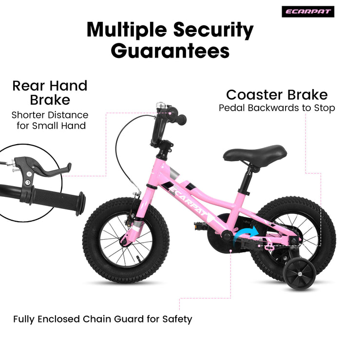 A12117 Kids' Bike 12" Wheels, 1 Speed Boys Girls Child Bicycles For 2 - 3 Years, With Removable Training Wheels Baby Toys, Front V Brake, Rear Holding Brake - Pink