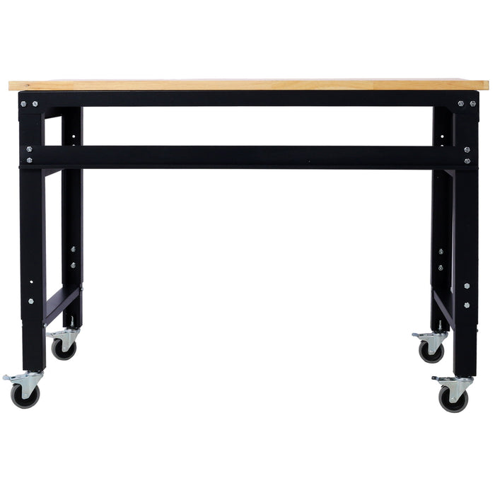 48" Wide Rolling Workbench For Garage, Adjustable Height, Workshop Tool Bench, Metal With Rubber Wood Top - Black / Light Brown