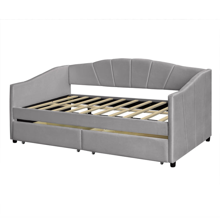 Twin Size Upholstered Daybed With Two Drawers And Wood Slat - Gray