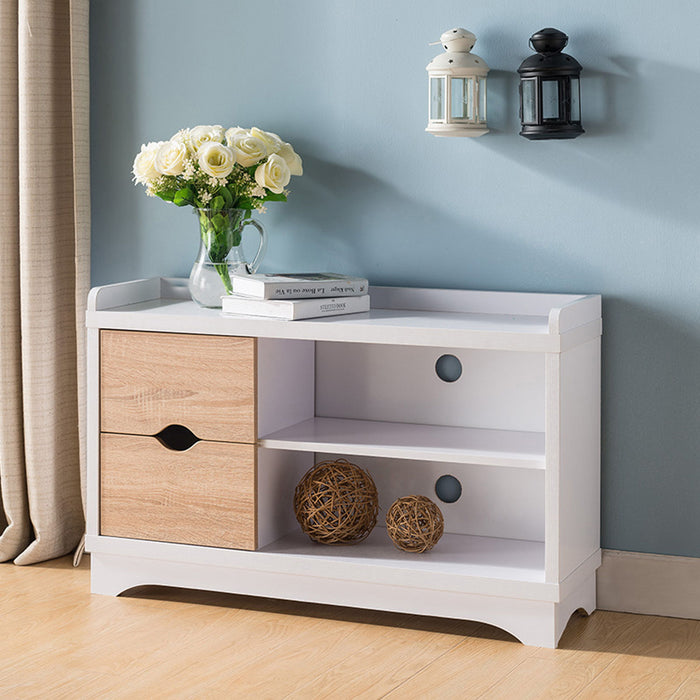 Shoe Entryway Bench, Two Shelves And Two Drawers - White & Weathered White