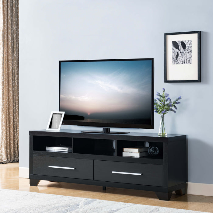 Modern TV Stand With Three Open Shelves And Two Drawers With Stylish Media Storage