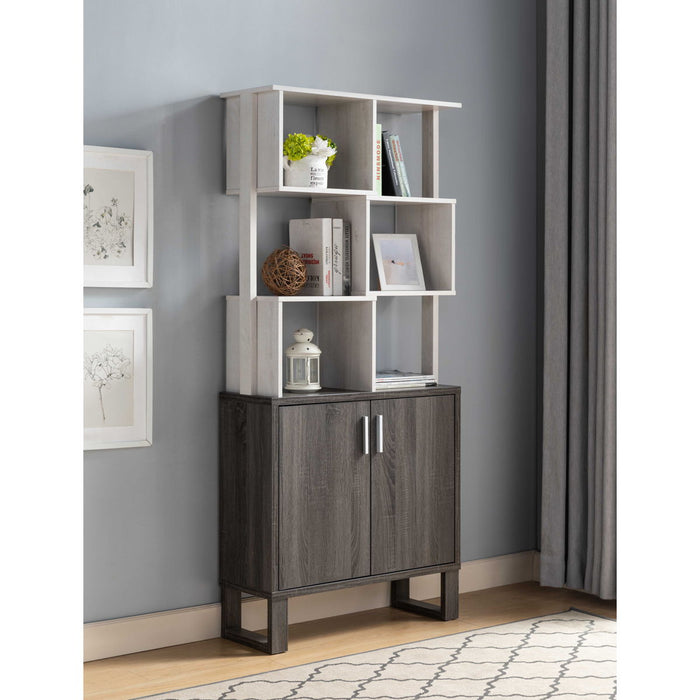 Multi Level Display Cabinet, Two Door Storage Cabinet With Shelving - White Oak / Distressed Gray